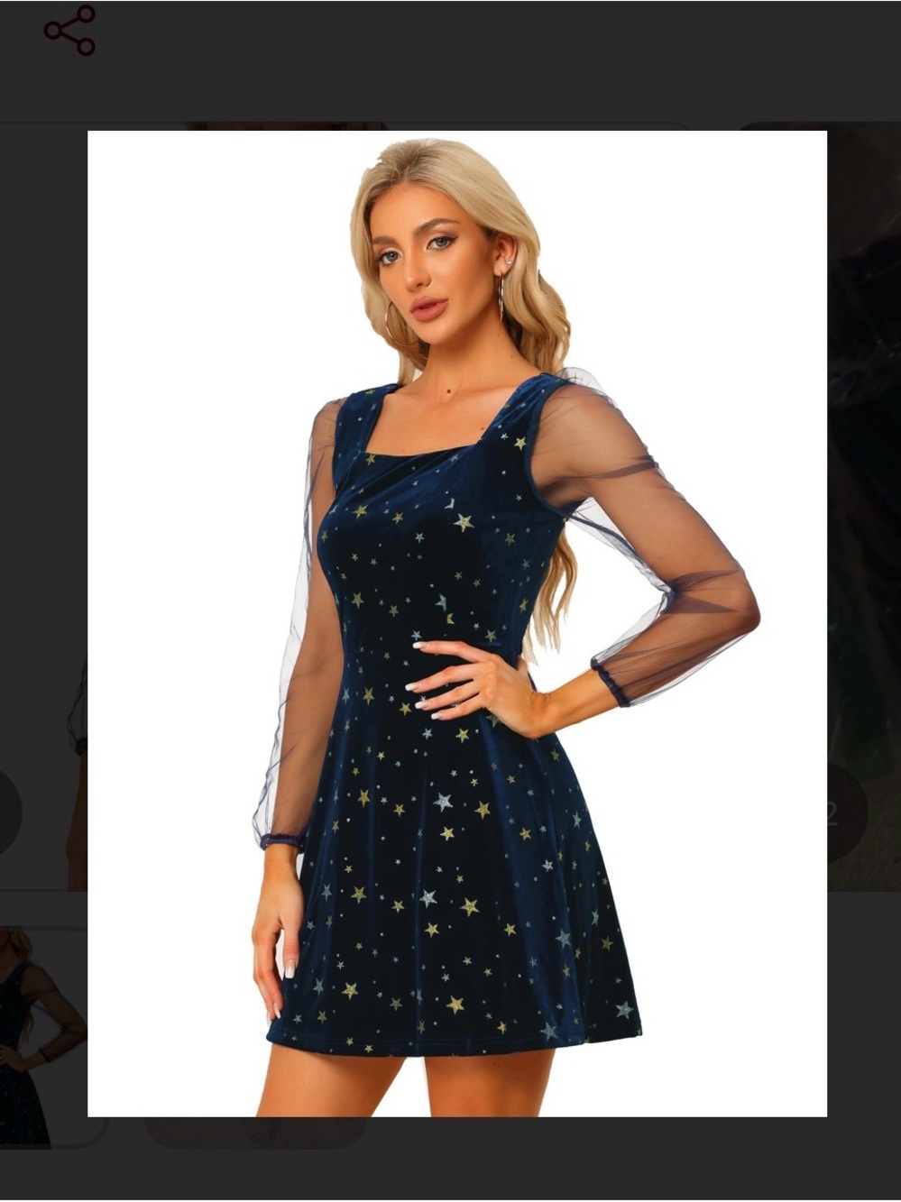 Allegra K Black Velvet Star Print Mini Dress with Sheer Sleeves